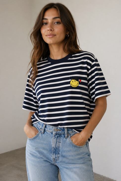Galeries Lafayette Tops - Galeries Lafayette Smiley Face Striped Tee Navy White Cotton Size M